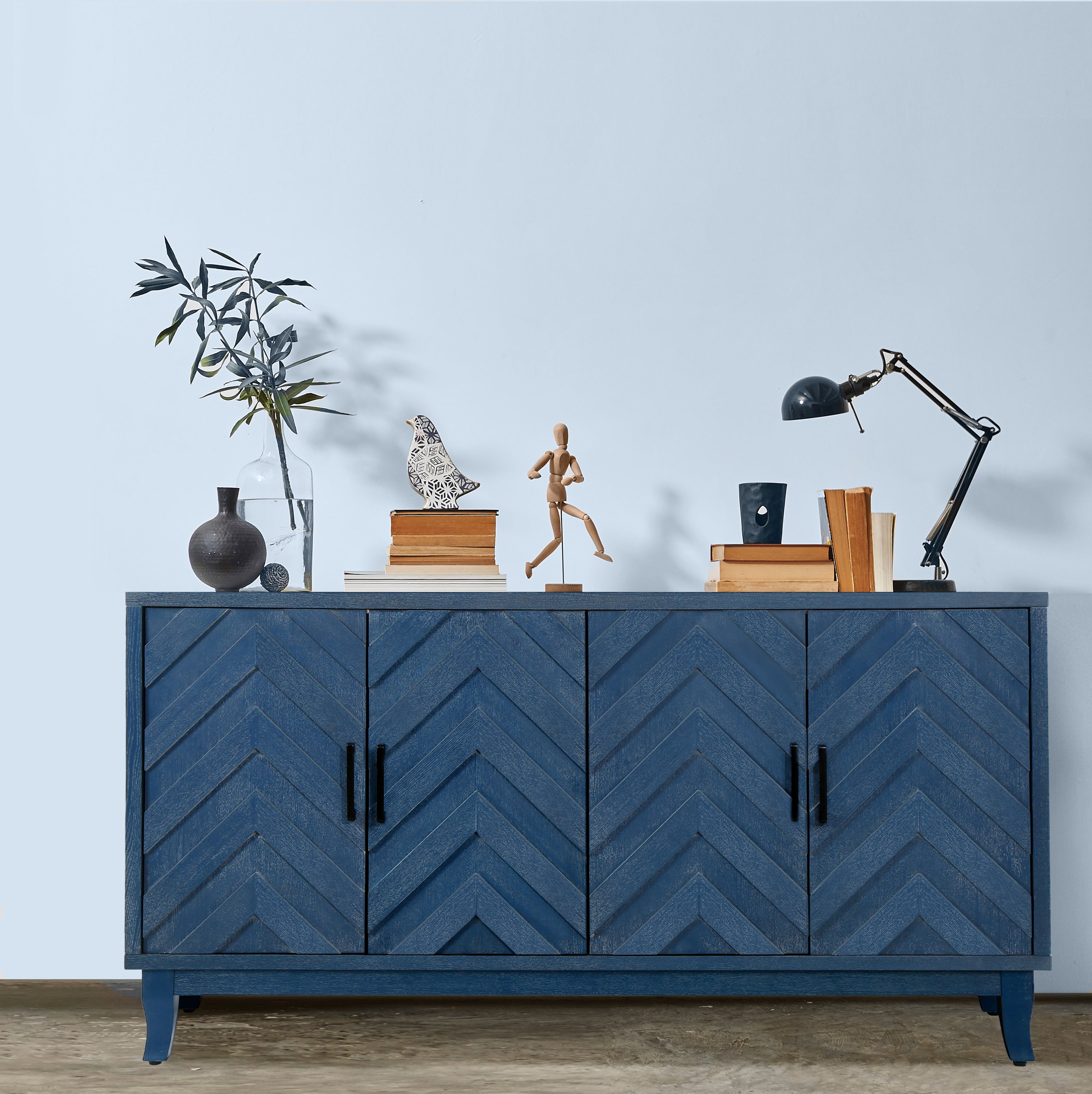 Antique navy blue sideboard solid pine wood base detail