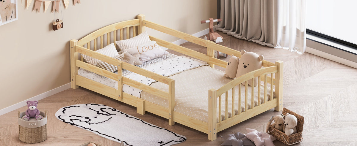 Twin Montessori Floor Bed with Slats and Safety Guardrails, Solid Wood Floor Bed with Fence and Without Door, Easy Assemble Montessori Bed for Girls and Boys, Gray