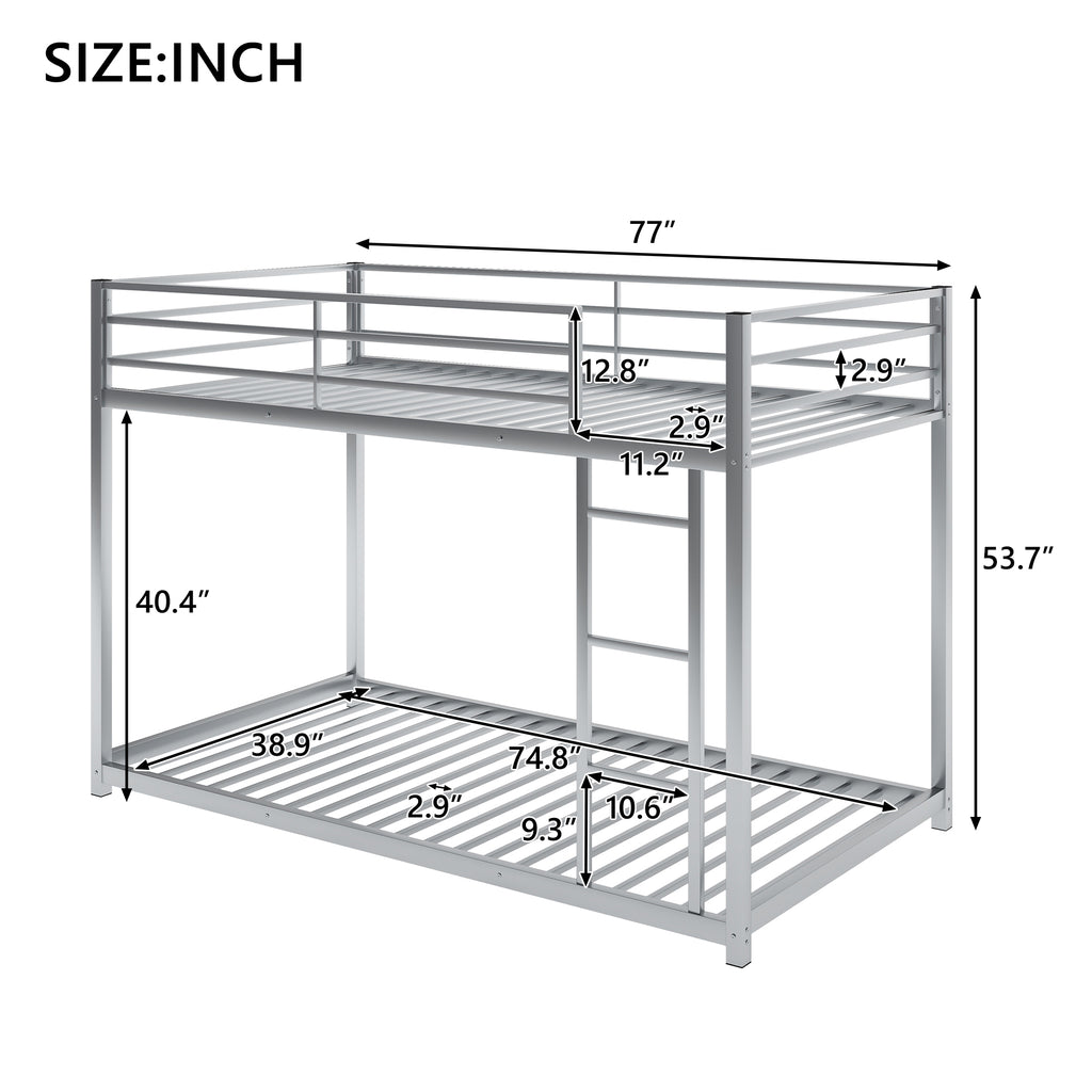 Silver metal bunk bed with built-in ladder and guardrails