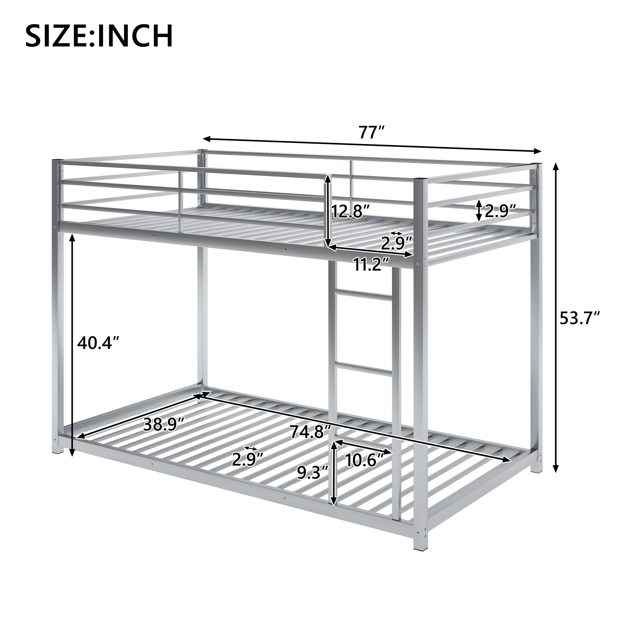 Silver metal bunk bed with built-in ladder and guardrails