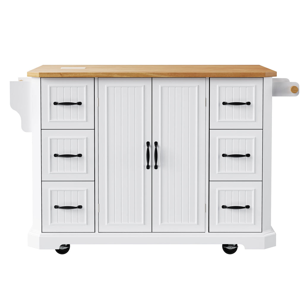 K&K 56 inch Kitchen Island with Rubber Wood Veneer Drop Leaf, Power Outlet, 4 Door Shelves, Embossed Vertical Stripe Rolling Kitchen Cart on 4 Wheels with 6 Deep Drawers for Kitchen, Dining Room,Black