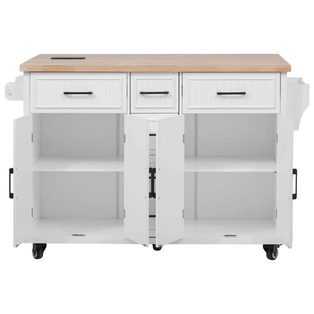 K&K 56.5'' Kitchen Island with Drop Leaf, Power Outlet, Embossed Vertical Stripe Rolling Kitchen Cart on Wheels with 4 Doors , 5 Deep Drawers and Adjustable Shelves, for Kitchen, Dining Room, Black