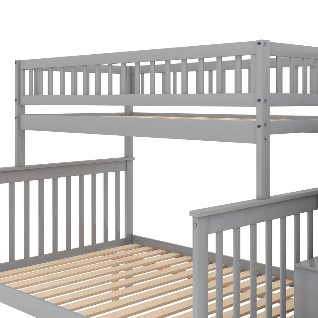 Gray pine wood stairway bunk bed in kids bedroom setting