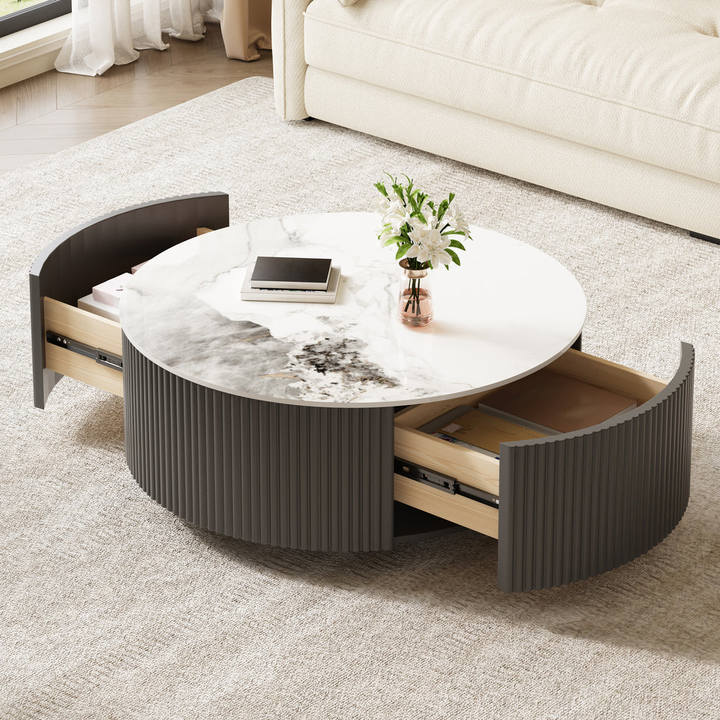 Modern Round Movable Coffee Table with Casters, 2 Drawers, Marble Pattern Sintered Stone Top, Grey, 29.5'
