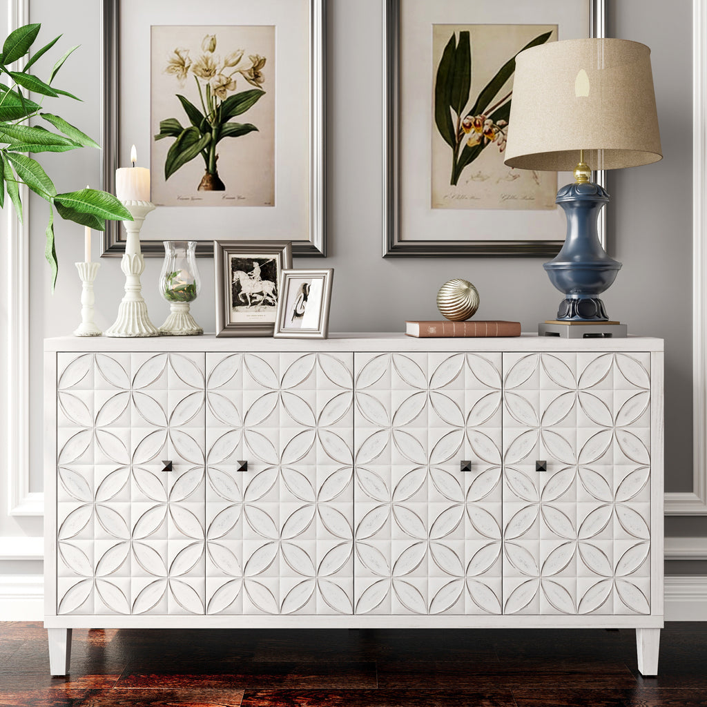 White washed sideboard circle door panels detail