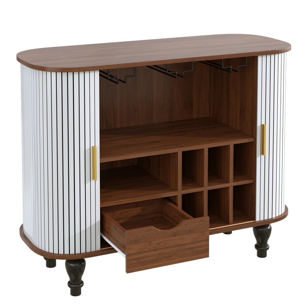 39' Fluted Liquor & Coffee Bar Cabinet with 6 Wine Racks and 3 Glass Holders, Mid-Century Modern Bar Cabinet with A Large Storage Drawer ,4 Hidden Storage Space on the Side , Black
