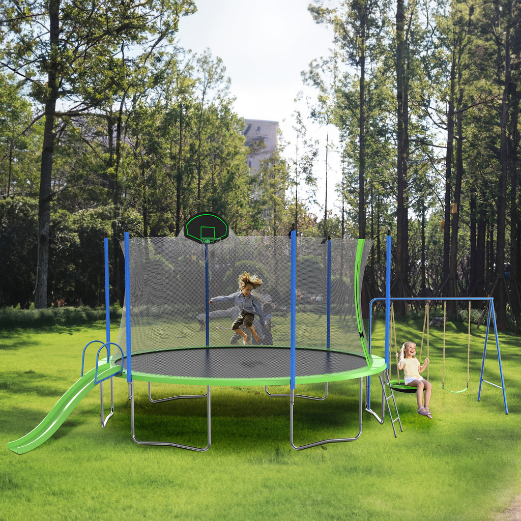 Green trampoline safety enclosure net 360 degree Safeseal system