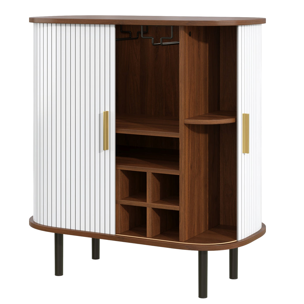 28' Fluted Wine Bar Cabinet with 8-Grid Wine Rack, 5-Level Adjustable Shelves, 2 Glass Holders, Smoothly Sliding Tambour Doors, 4 Hidden Storage Space on the Side, Modern Liquor Coffee Station, Black