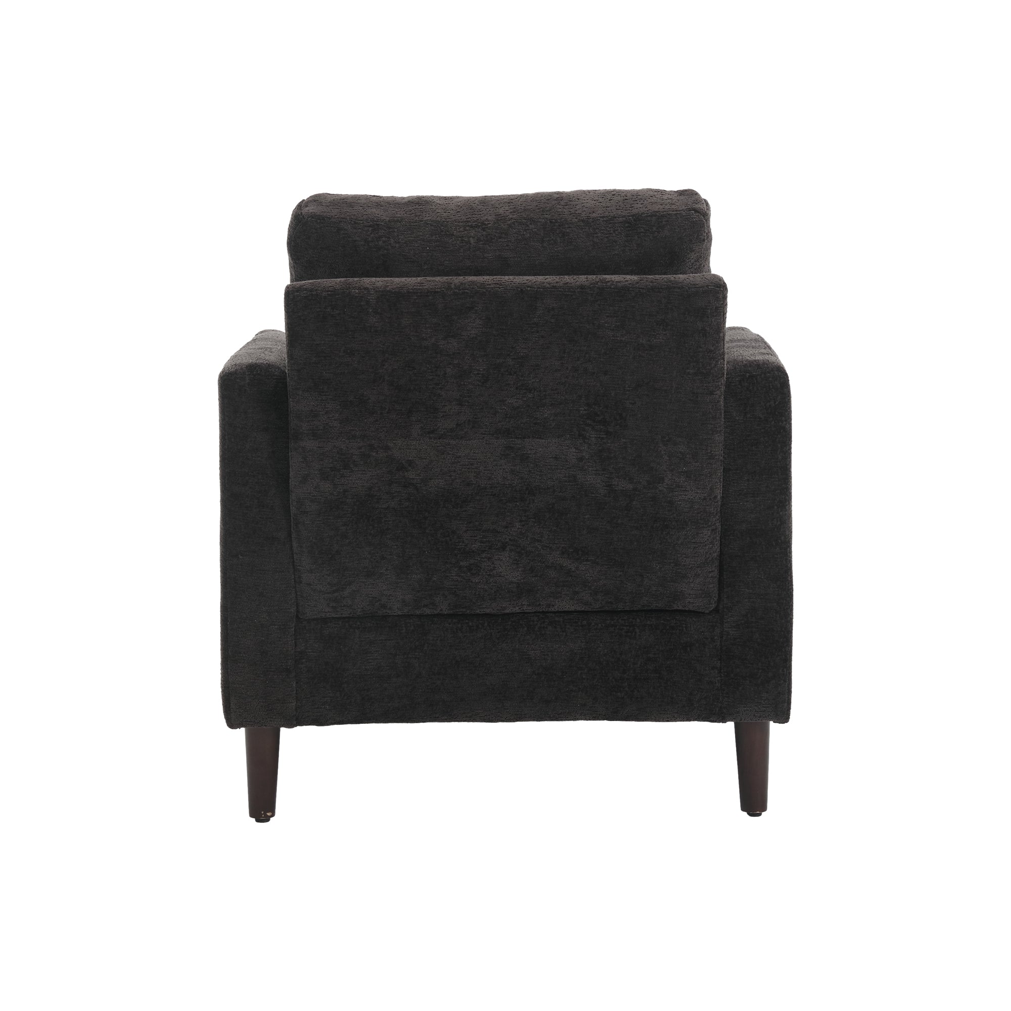 Black chenille armchair seat cushion close-up