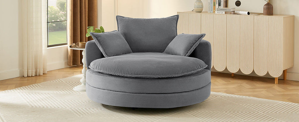 Blue Corduroy 360° Swivel Barrel Accent Chair with Dual-Layer Cushion & 3 Pillows