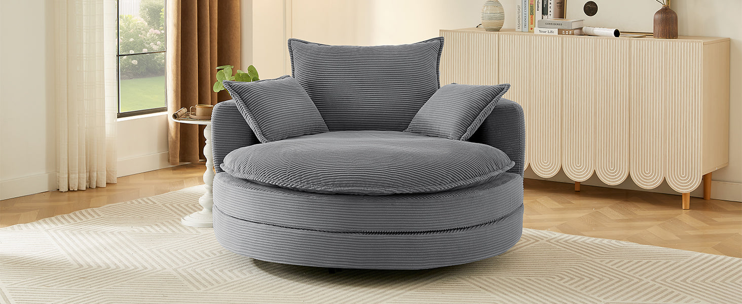 Blue Corduroy 360° Swivel Barrel Accent Chair with Dual-Layer Cushion & 3 Pillows