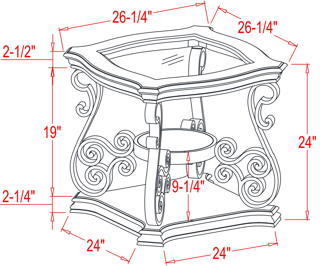 Traditional brown side table serpentine metal legs profile