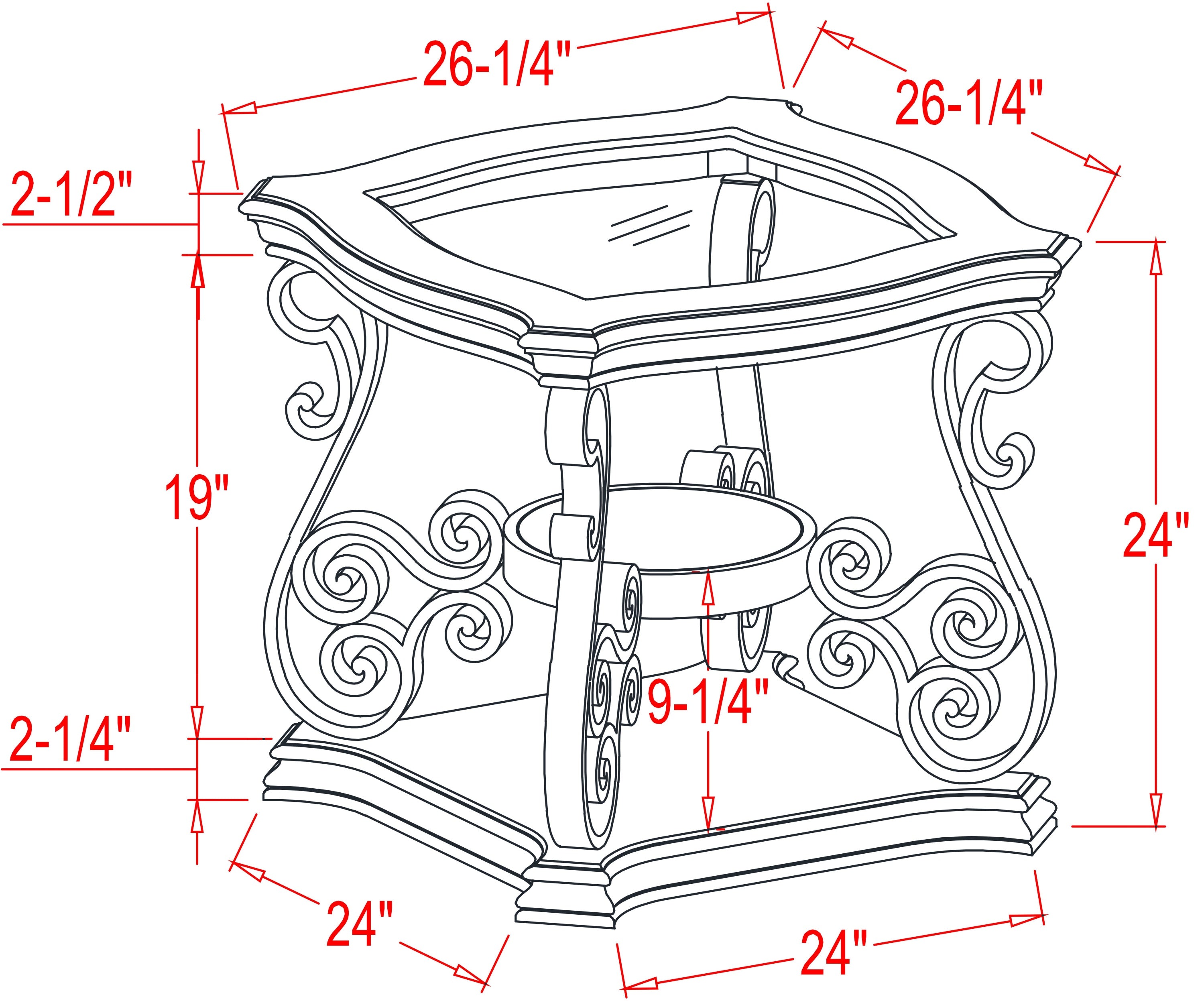 Traditional brown side table serpentine metal legs profile