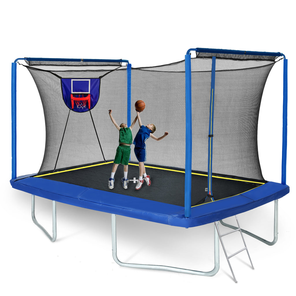 Blue 8x12 rectangular trampoline with basketball hoop — front view