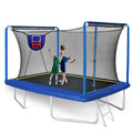 Blue 8x12 rectangular trampoline with basketball hoop — front view