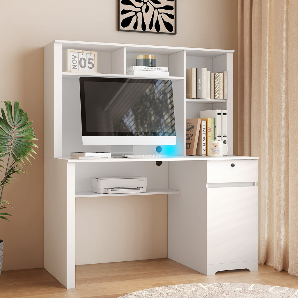 Home office desk with storage drawers and hutch — angle view
