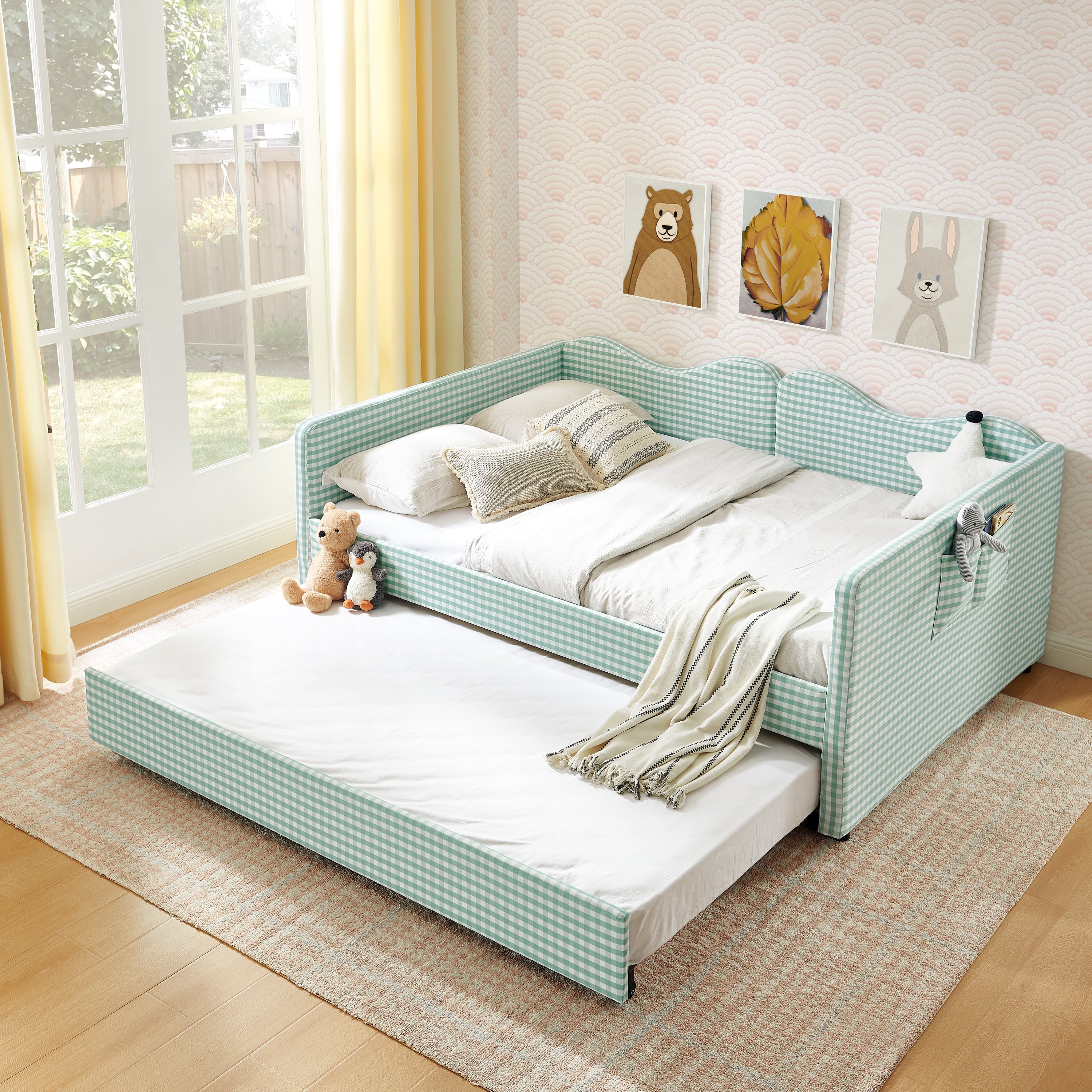 Full‑Size Daybed,Gingham Upholstered Daybed Equipped with Pull-Out Trundle Bed Frame & Side Storage Pocket, Solid Wood Frame Multi-Functional Sofa Bed for Kids Room & Guest Bedroom-PINK