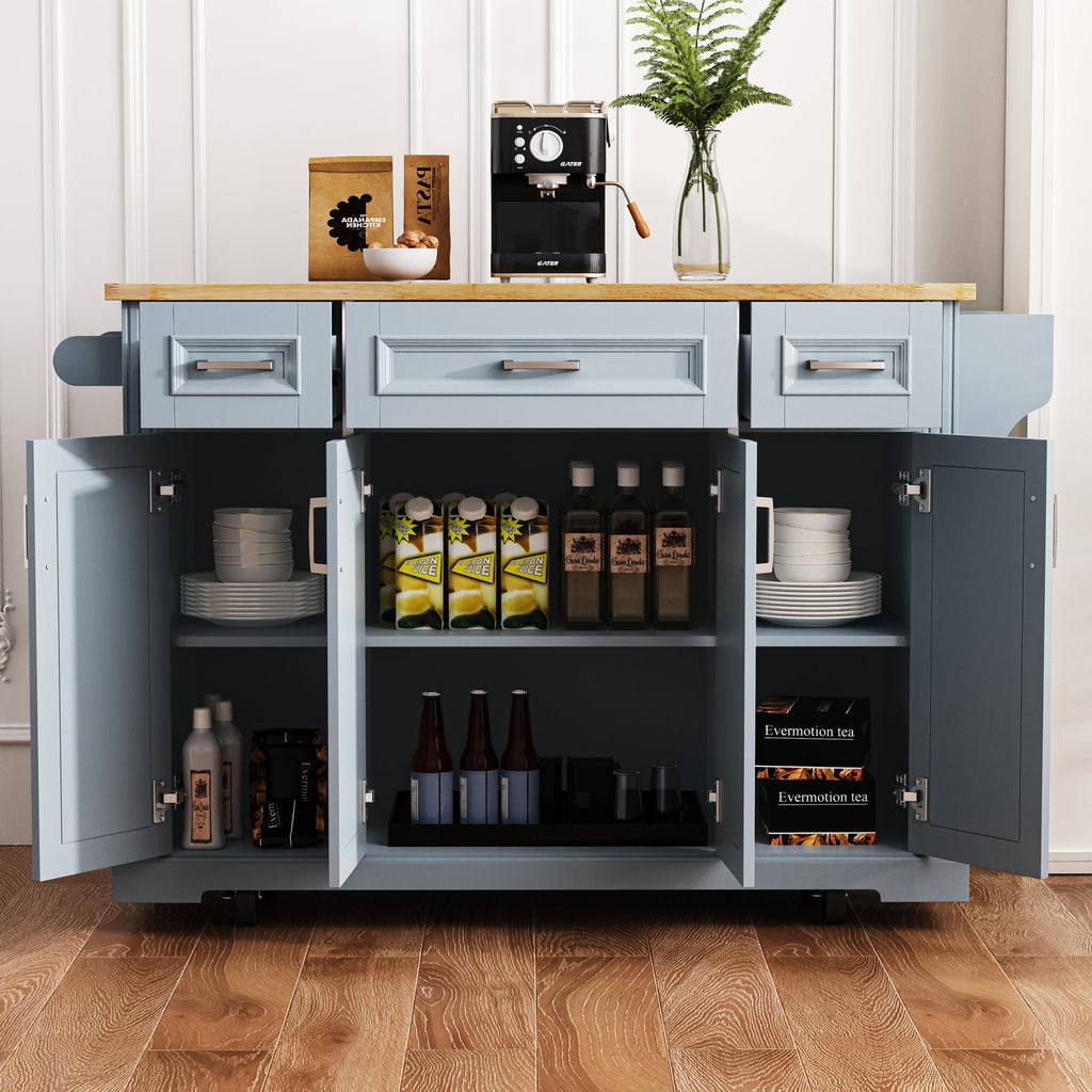 K&K 54inch Large Kitchen Island with Rubber Wood Drop Leaf, Embossed Texture Rolling Kitchen Cart on 4 Wheels with 4 Doors and 3 Drawers, Kitchen Island with Storage for Kitchen, Dining Room,Black