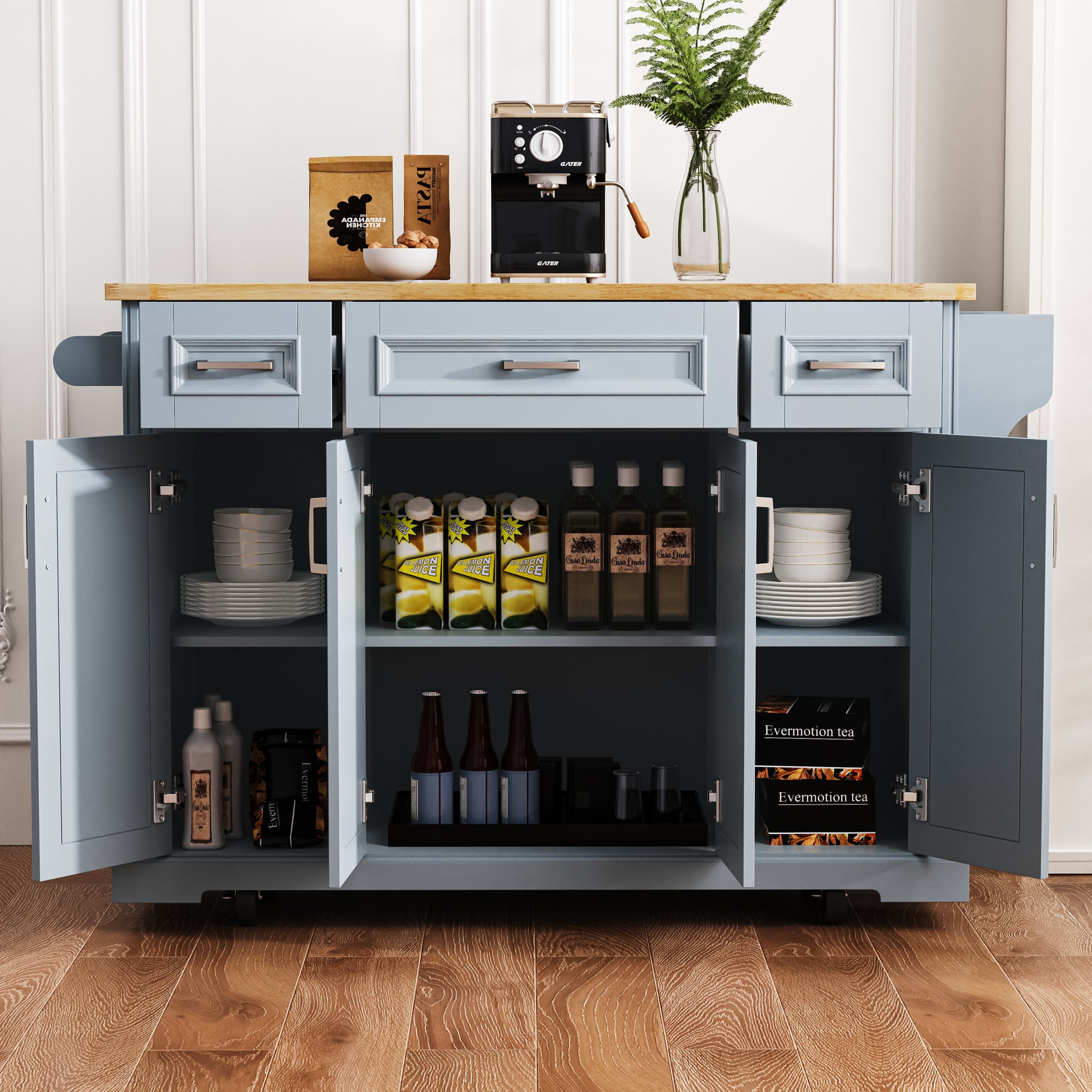 K&K 54inch Large Kitchen Island with Rubber Wood Drop Leaf, Embossed Texture Rolling Kitchen Cart on 4 Wheels with 4 Doors and 3 Drawers, Kitchen Island with Storage for Kitchen, Dining Room,Black