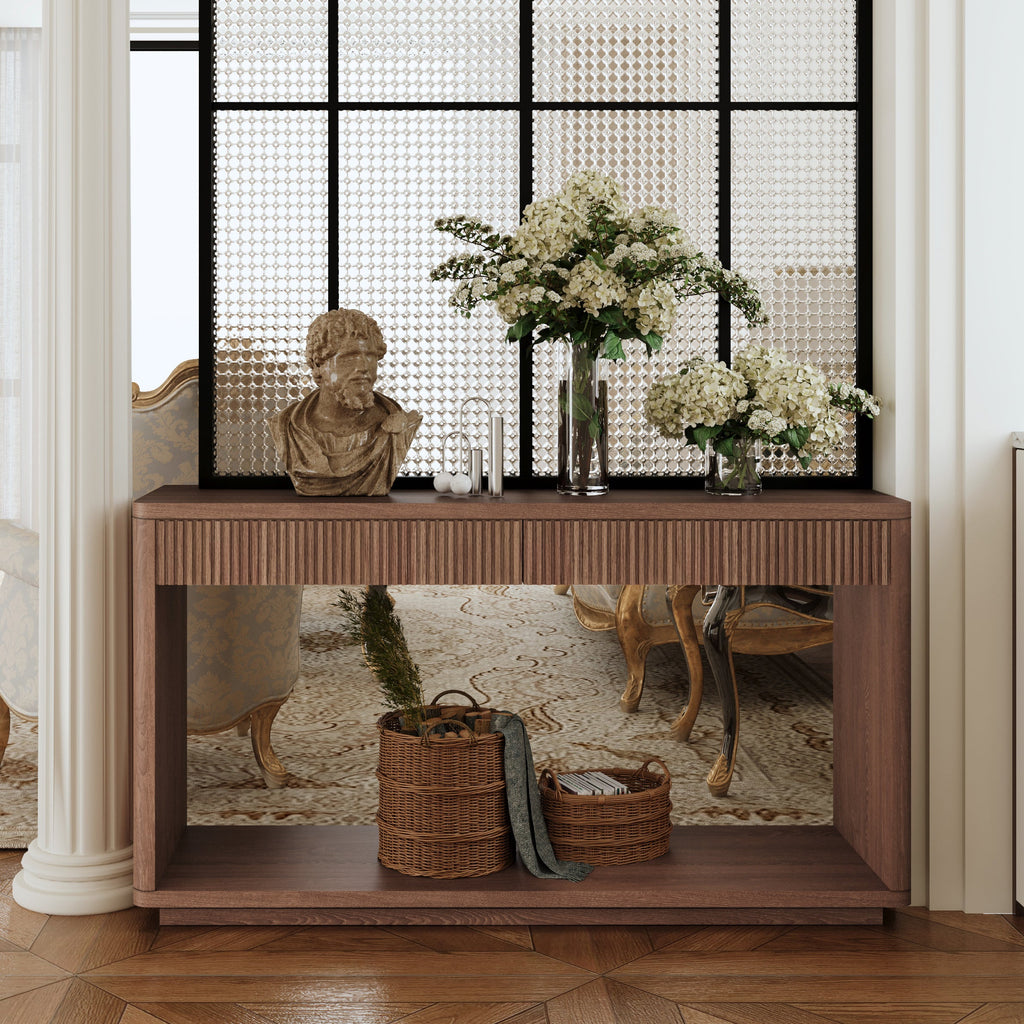 60' Modern 2-Drawer Fluted Console Table Natural Wood Veneer Sofa Table Behind Couch Table for Living Room, Hallway, Entryway, Home Office, Natural Wood