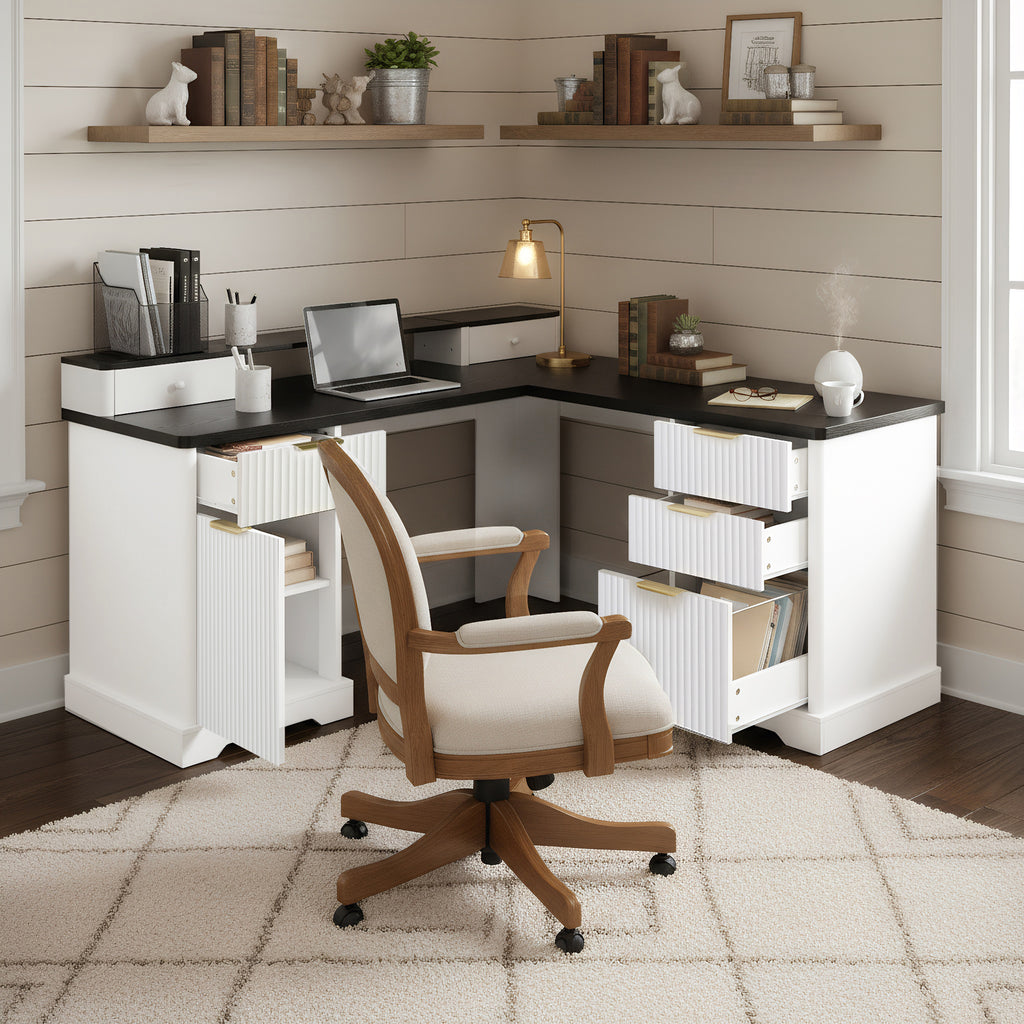 Removable monitor stand on white L-shaped desk