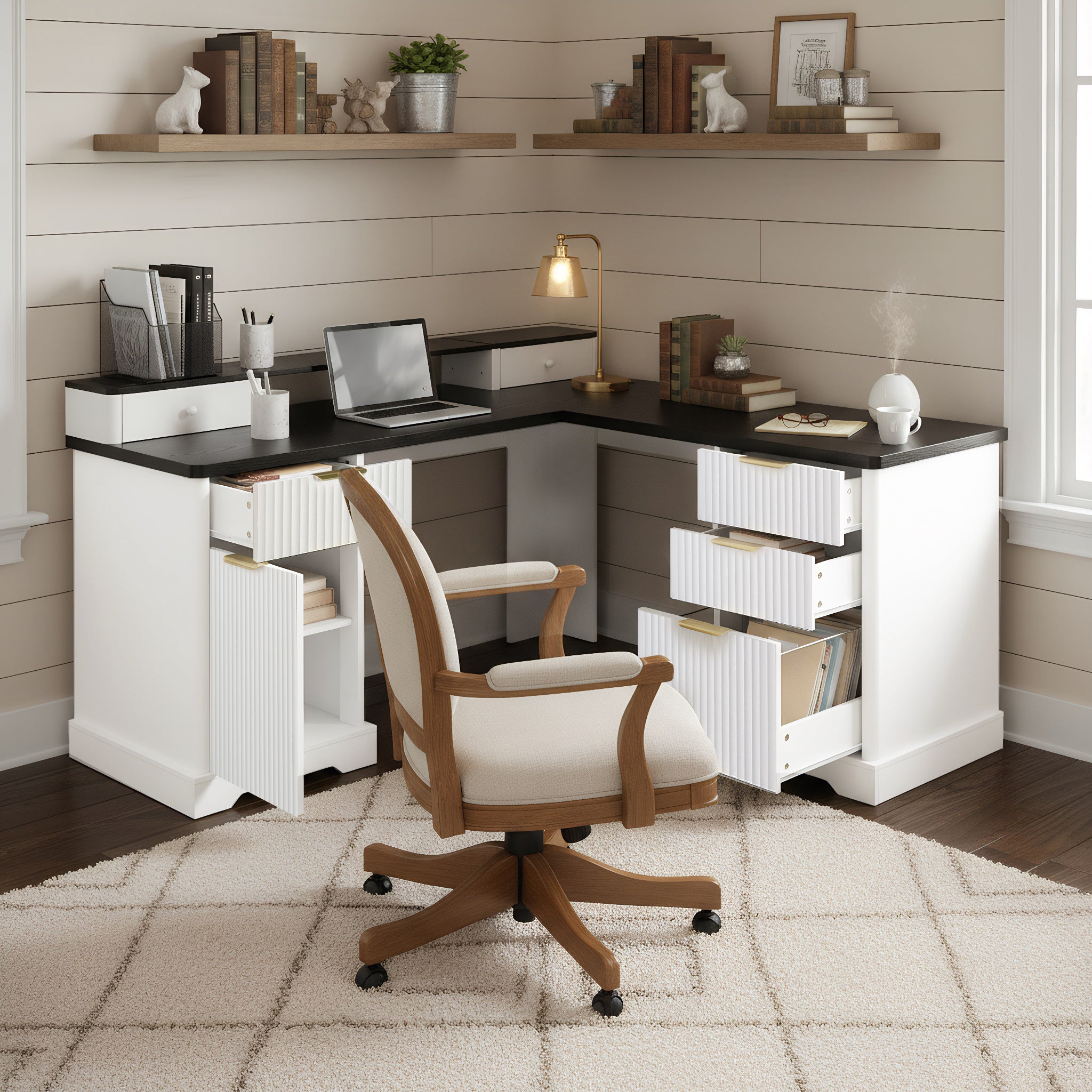 Removable monitor stand on white L-shaped desk