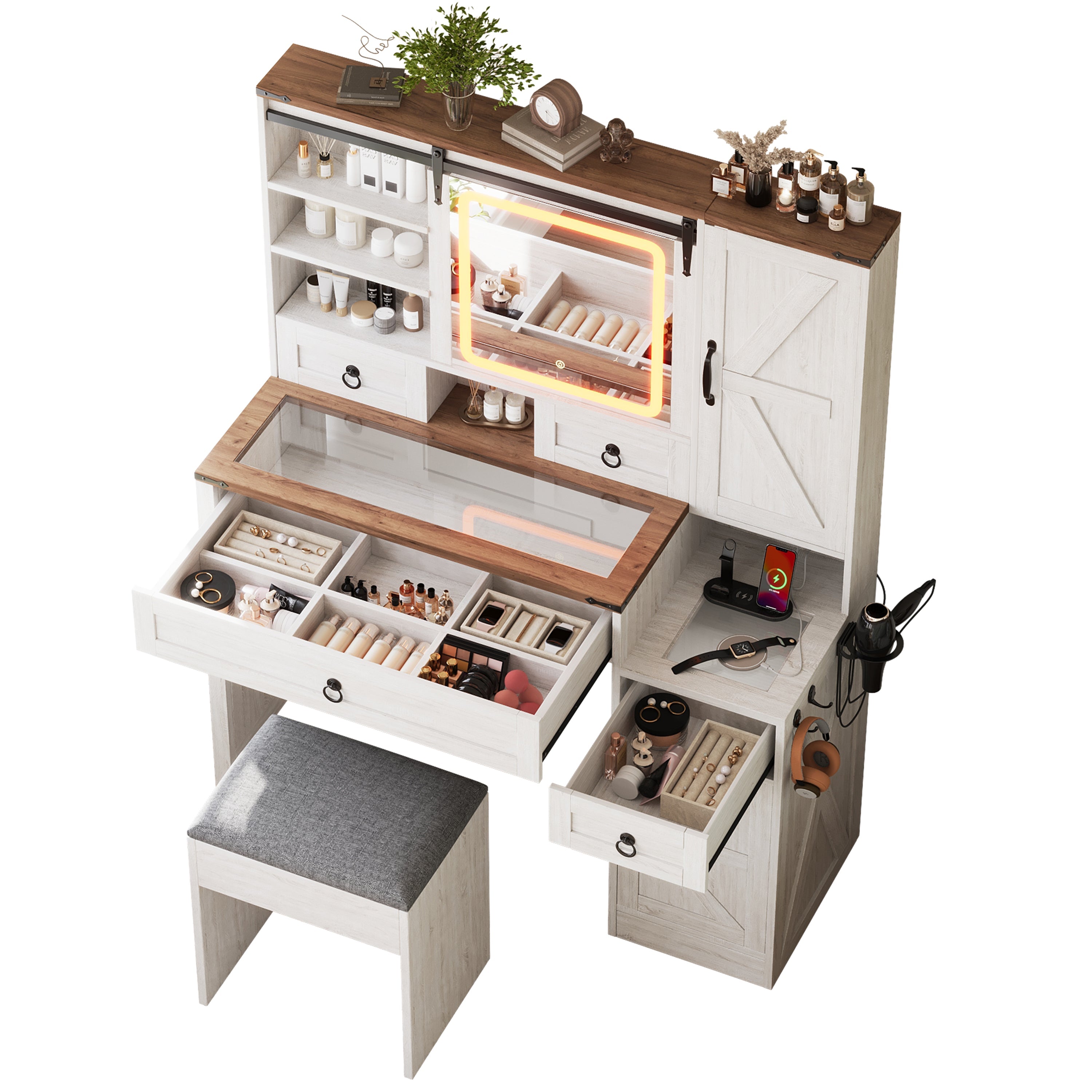 Farmhouse Vanity Desk with Sliding Mirror and Lights, Vanity Set with Glass Top and Charging Station ,Dressing Table with 4 Drawers and 2 Cabinets, Dressing Table with Stool for Bedroom, Gray