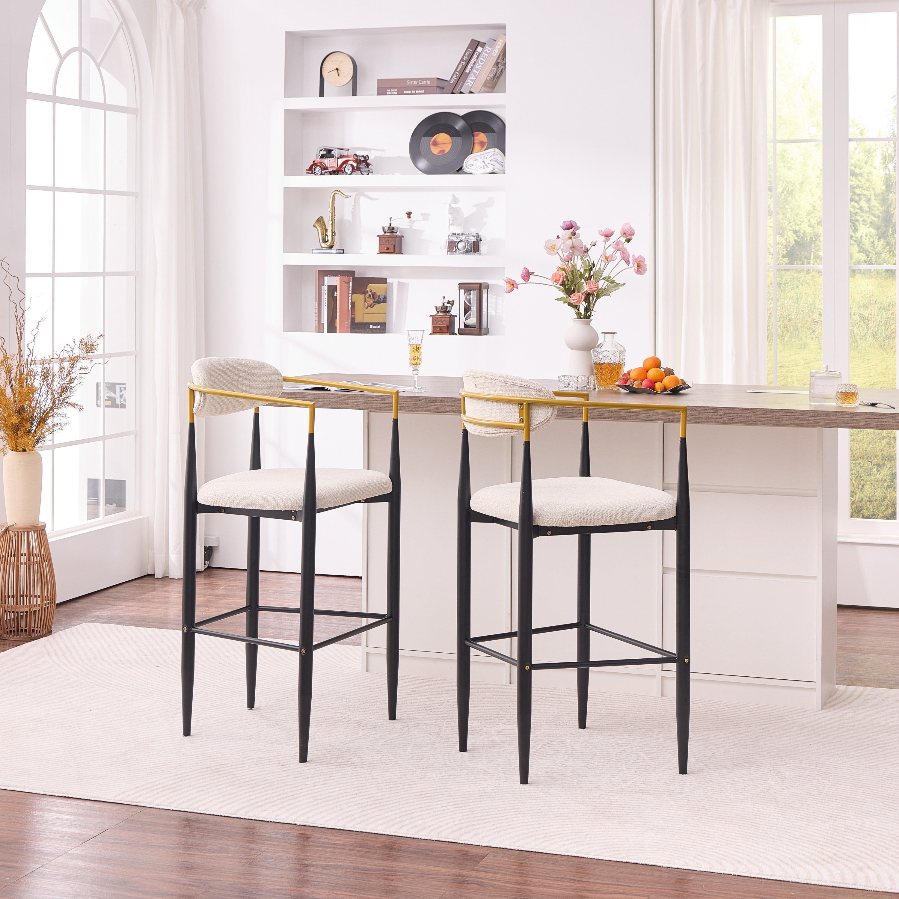 Modern Upholstered Bar Stool with Gold-Accented Armrests - 30' Seat Height,Ergonomic Design for Kitchen Island or Dining Counter Use,Set of 2 - Beige Fabric & Black Metal Frame