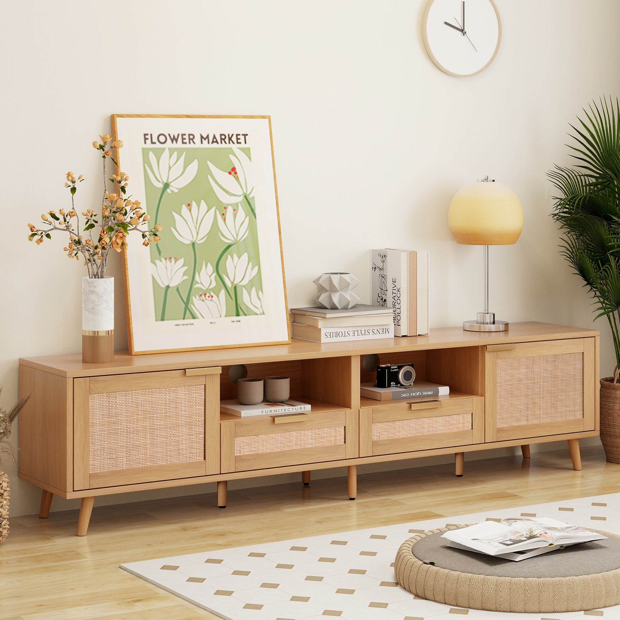 Natural wood media console side profile