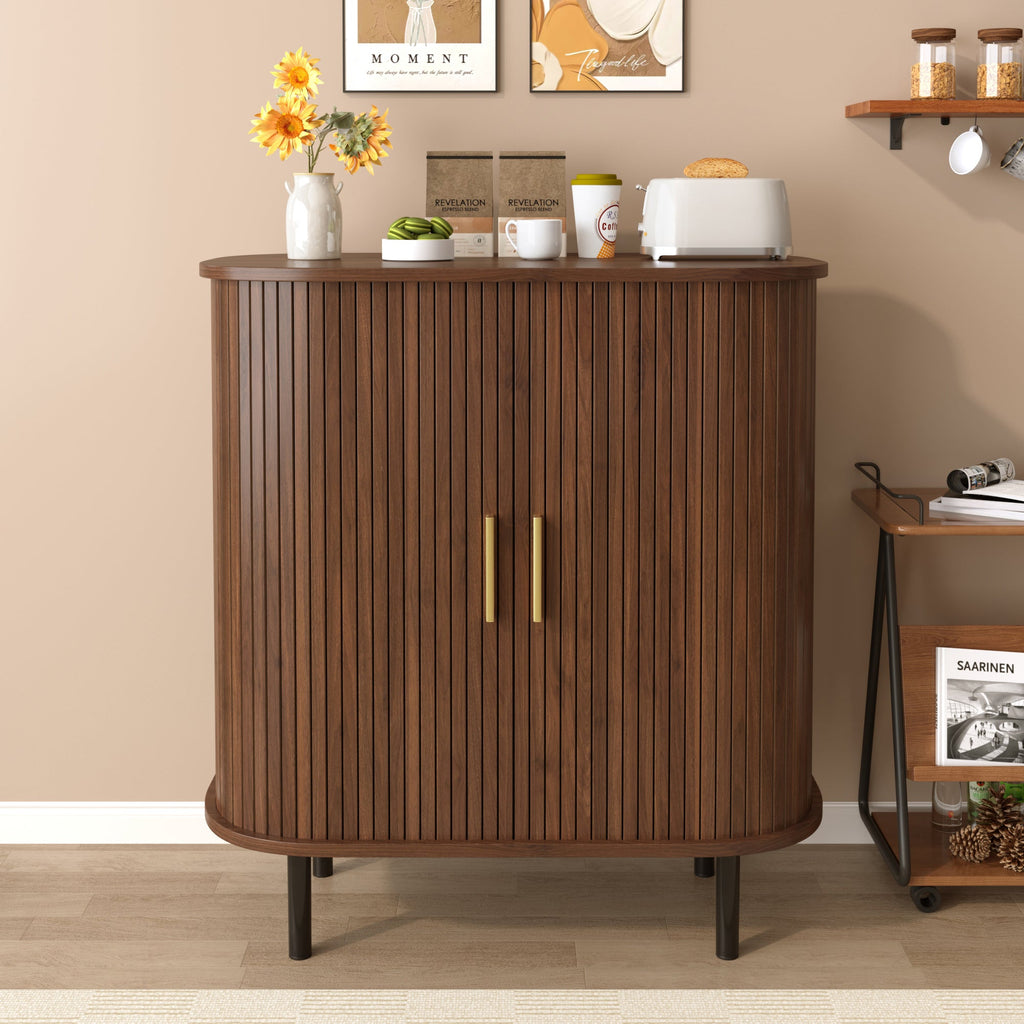 28' Fluted Wine Bar Cabinet with 8-Grid Wine Rack, 5-Level Adjustable Shelves, 2 Glass Holders, Smoothly Sliding Tambour Doors, 4 Hidden Storage Space on the Side, Modern Liquor Coffee Station, Black