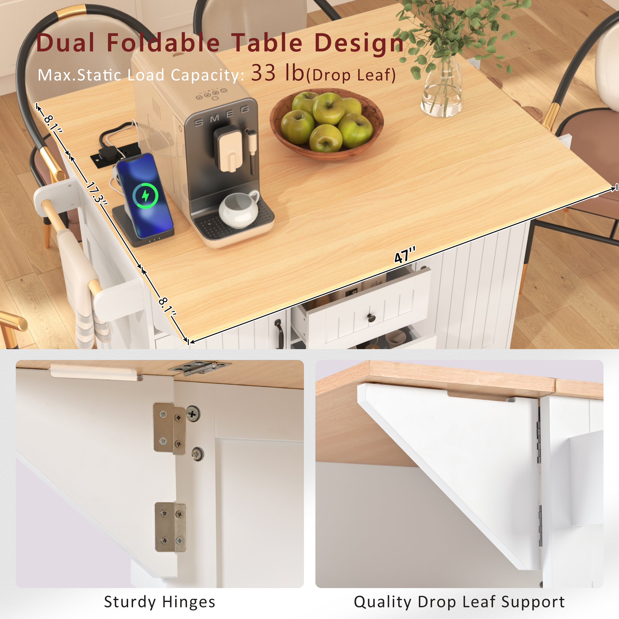 K&K 55.7'' Large Kitchen Island with 2 Drop Leaf,, Rolling Kitchen Cart on 5 Wheels with Power Outlet, Folding Storage Dining Table with Spice & Towel Rack , 3 Drawers, for Kitchen, Dining Room,Black