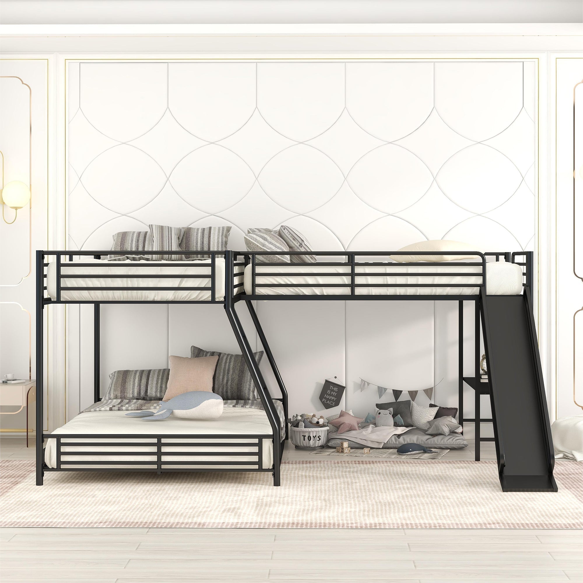 Black L-Shaped Twin over Full Bunk Bed with Twin Loft, Desk & Slide — Metal & MDF