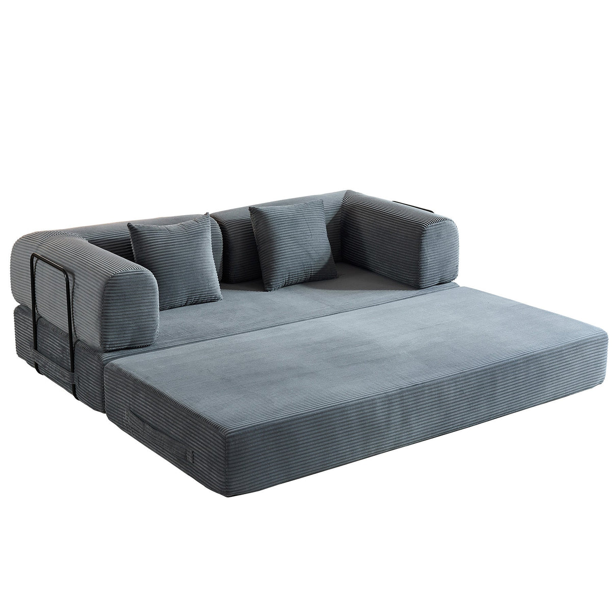 Convertible Sleeper Sofa Bed with Cylindrical Pillow, Corduroy Folding Mattress Couch with Fixed-Shape Frame, Floor Sofa Lounge Couch for Living Room Bedroom Black