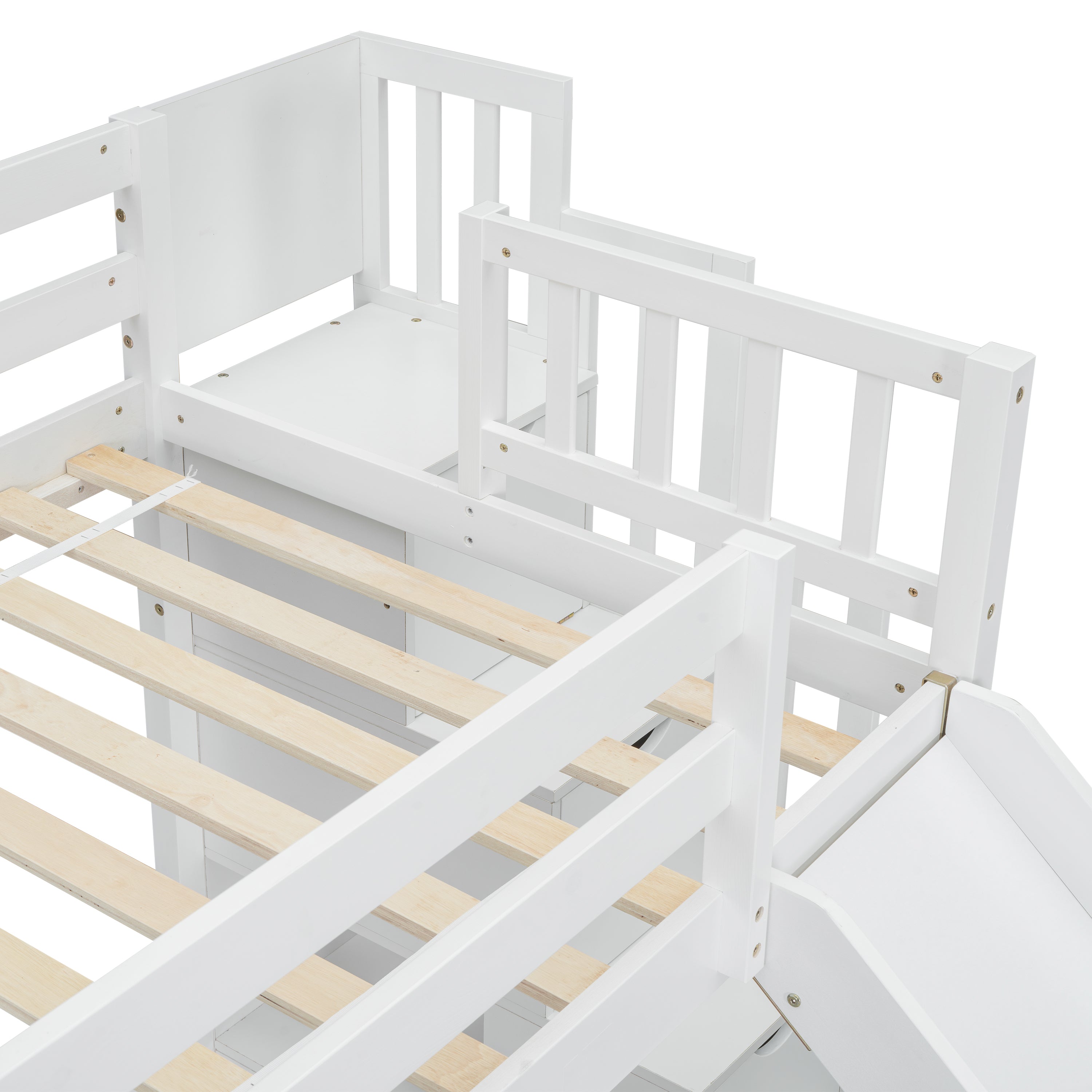 Twin Over Full Bunk Bed with Slide, Storage Staircase, Pine Solid Wooden Bunk Bed with Safety Guardrails ,Grey (Old Sku W504S00184)