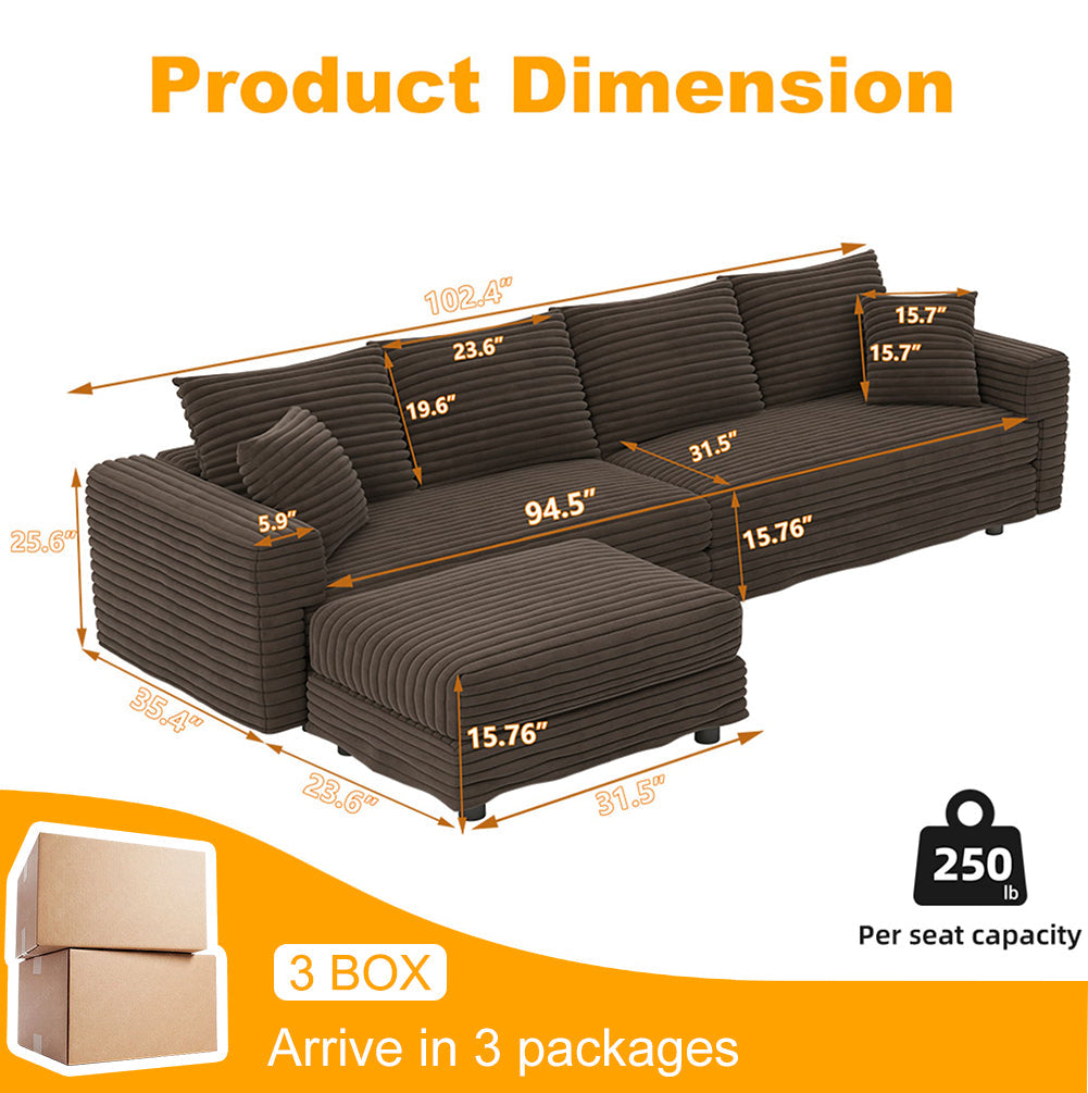 102.4 'Plush Corduroy 4-Seat Sofa,Modern Comfy Upholstered Sofa Cloud Couch,Deep Seat Couches with Soft Pillows and 3 Ottomans,Convertible Sofa Lounge Chair,Black(Old SKU:W1885S00287)