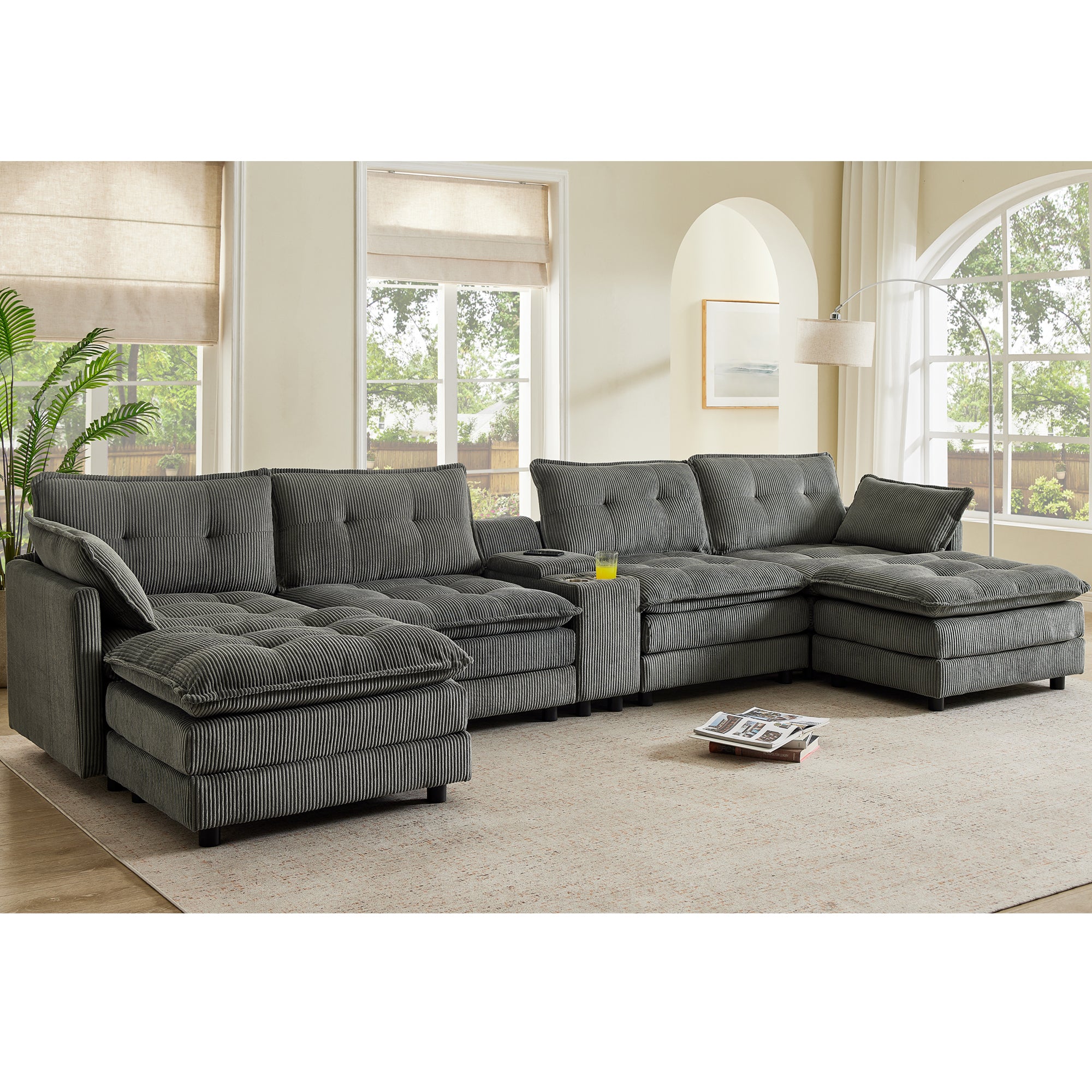 Gray corduroy sectional sofa tufted back pillow-top arms detail