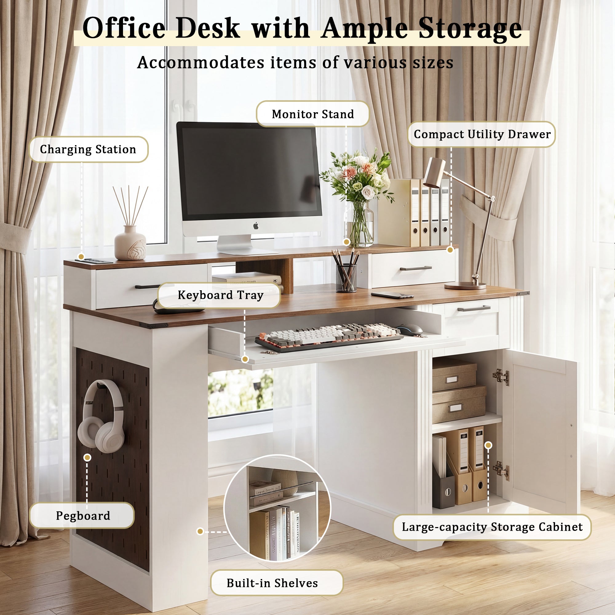 White desk removable monitor stand height adjustment detail