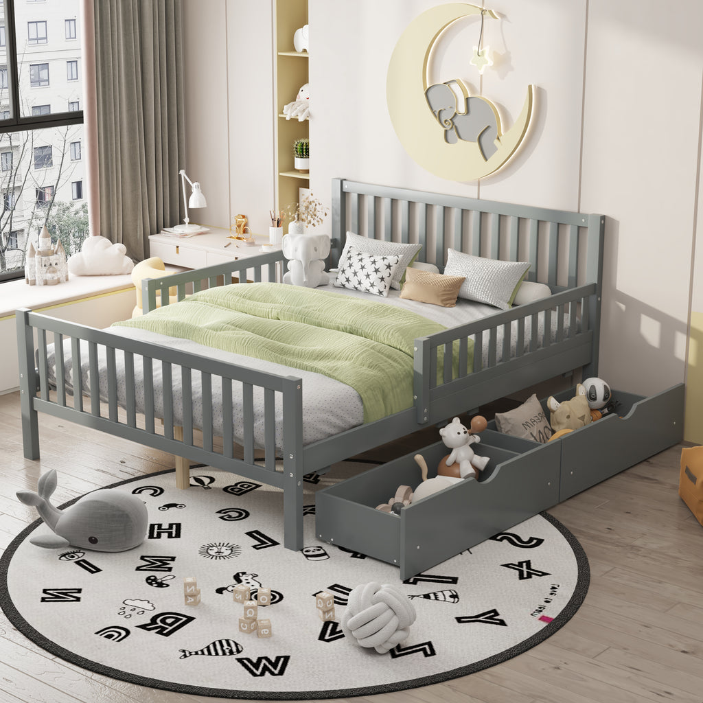Gray full-size wood platform bed with guardrails — front view