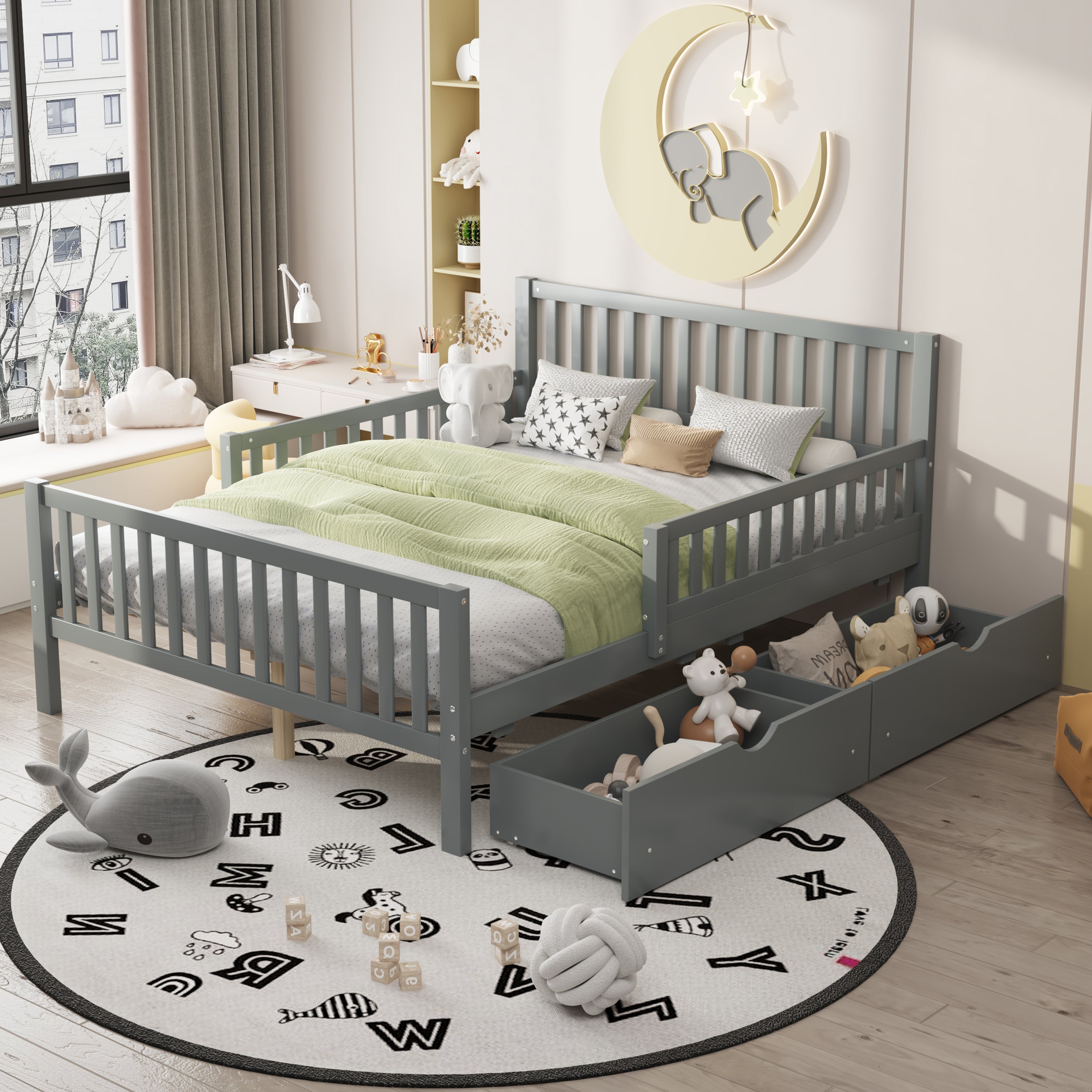 Gray full-size wood platform bed with guardrails — front view