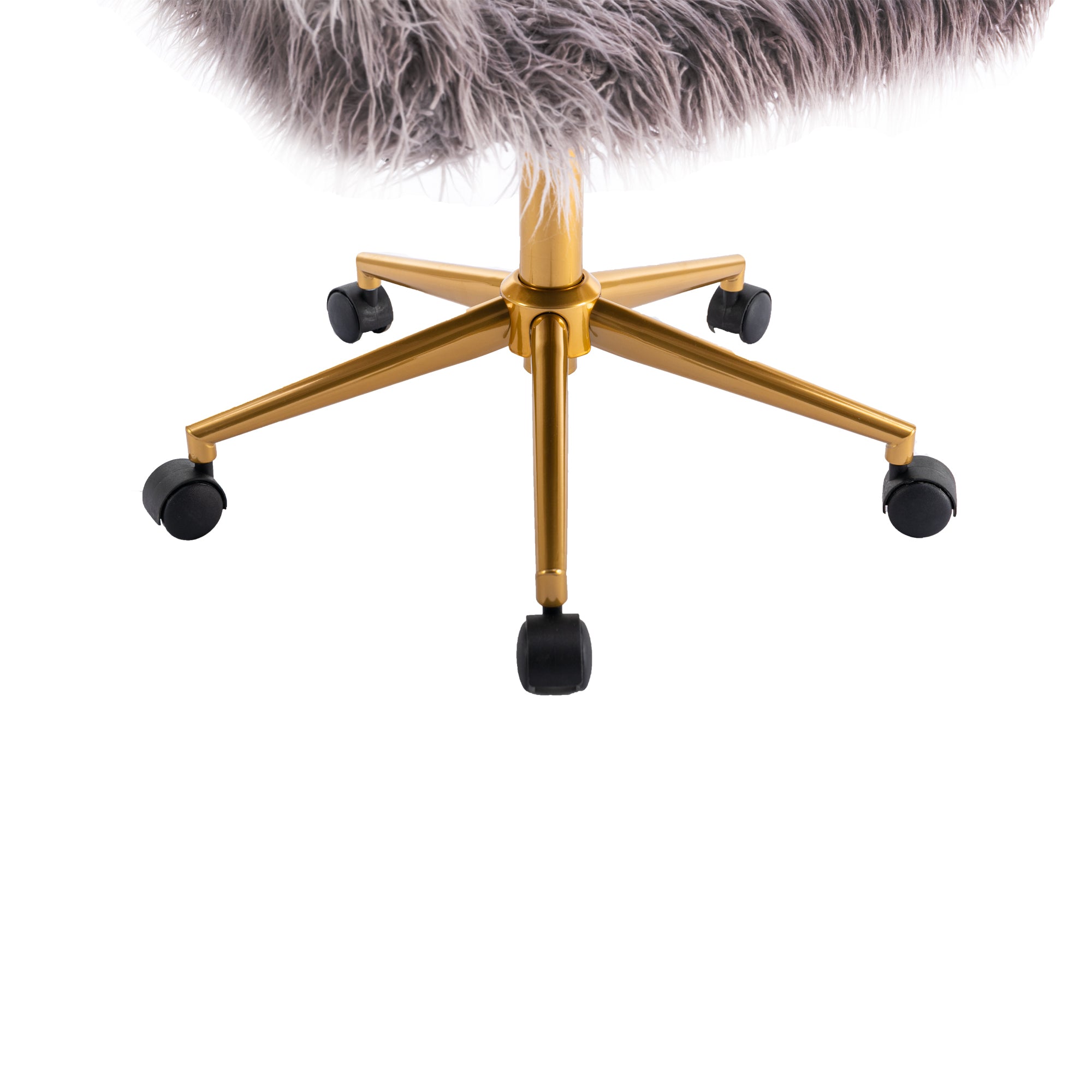 Gray faux fur office chair side profile with chrome wheels