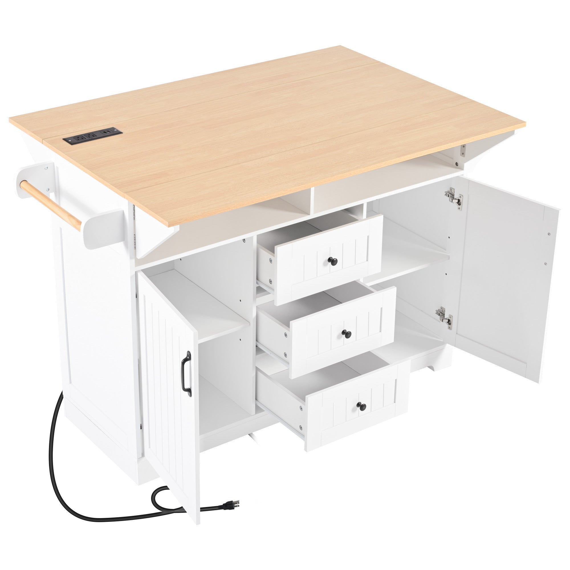 K&K 55.7'' Large Kitchen Island with 2 Drop Leaf,, Rolling Kitchen Cart on 5 Wheels with Power Outlet, Folding Storage Dining Table with Spice & Towel Rack , 3 Drawers, for Kitchen, Dining Room,Black