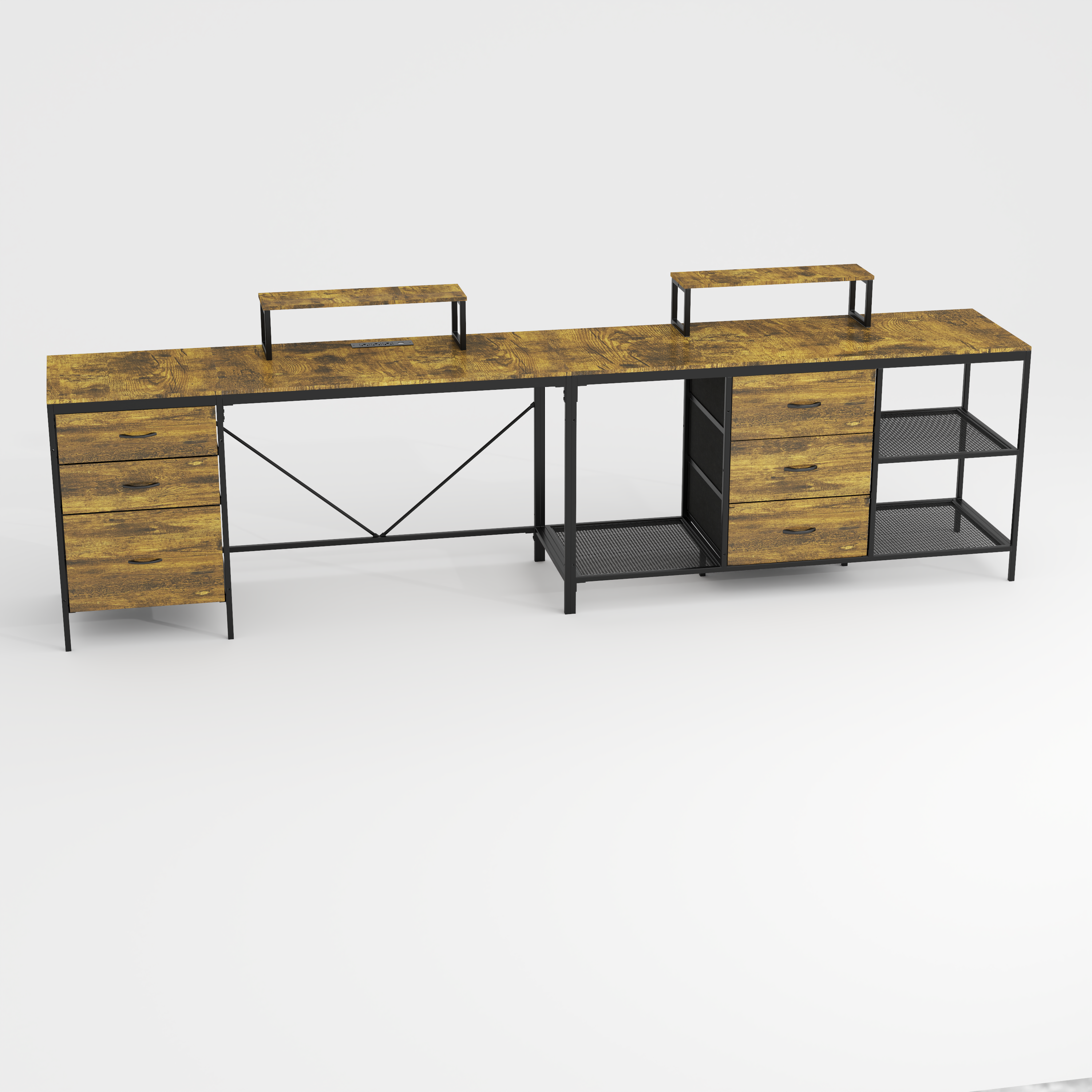 Rustic brown L-shaped desk with 6 fabric drawers and open shelves
