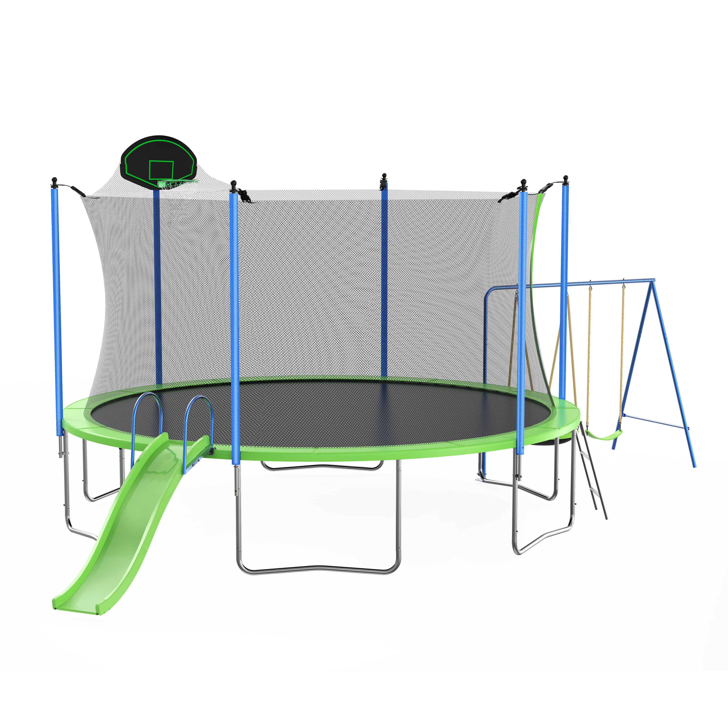 Green 12-foot trampoline with slide swing and basketball hoop — front view