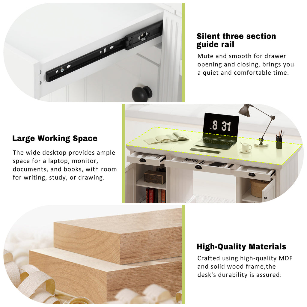 White executive desk wood door storage cabinet detail