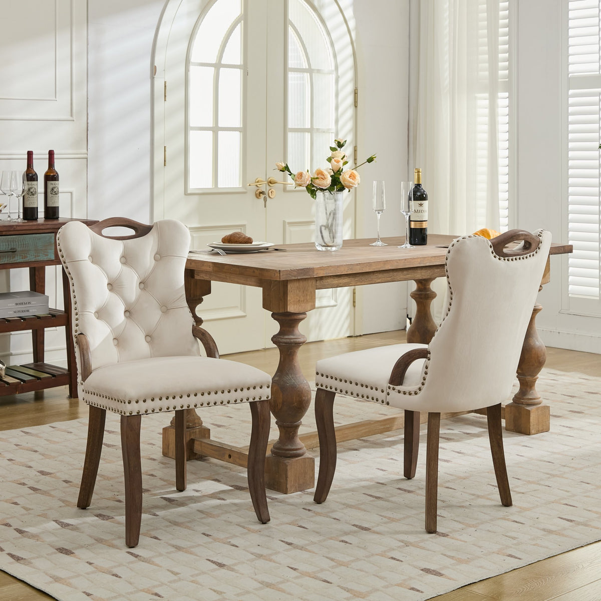 Velvet Dining Chair with Handmade Tufted Trim, Solid Wood Handles on Top and Sides, Vintage Copper Nail Decoration, Curved Solid Wood Legs, Elegant Overall Shape,Set of 2,Beige