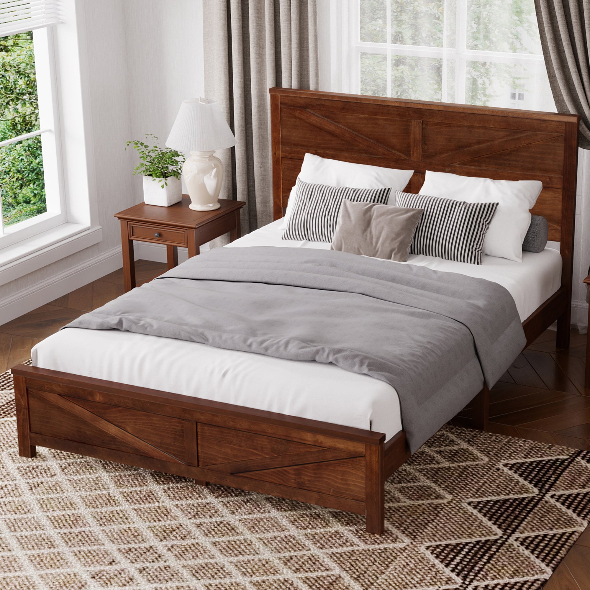 Farmhouse Style Queen Size Bed with Barn Door Designed Headboard and Footboard, Pinewood Bed with Strengthened Bed Frame ,White