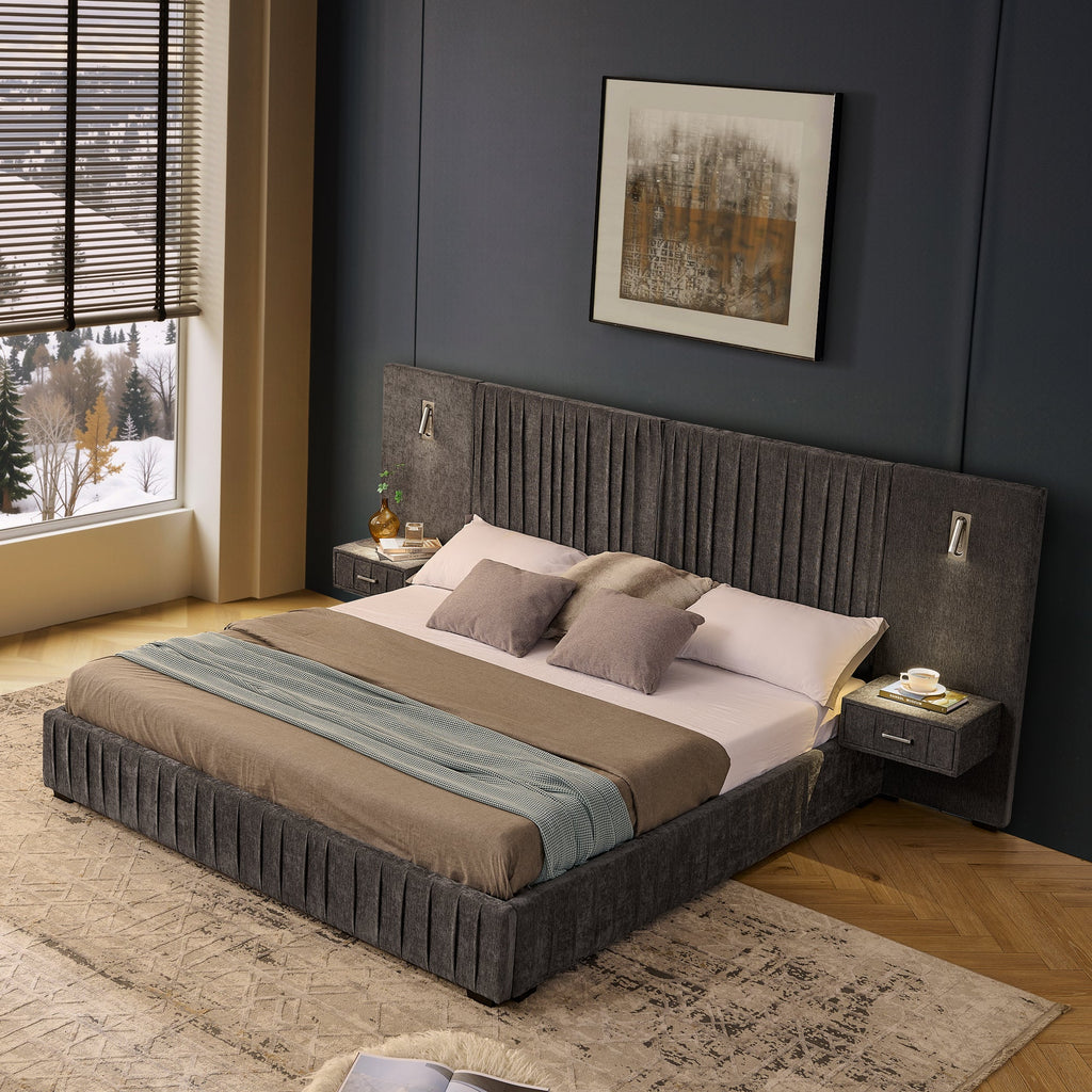 King Size Upholstered Bed Frame with Chenille fabric with pleated design,Grounded King Size Platform Bed with Headboard and Solid Frame and the bedside table.No Box Spring Needed-Blue-Green