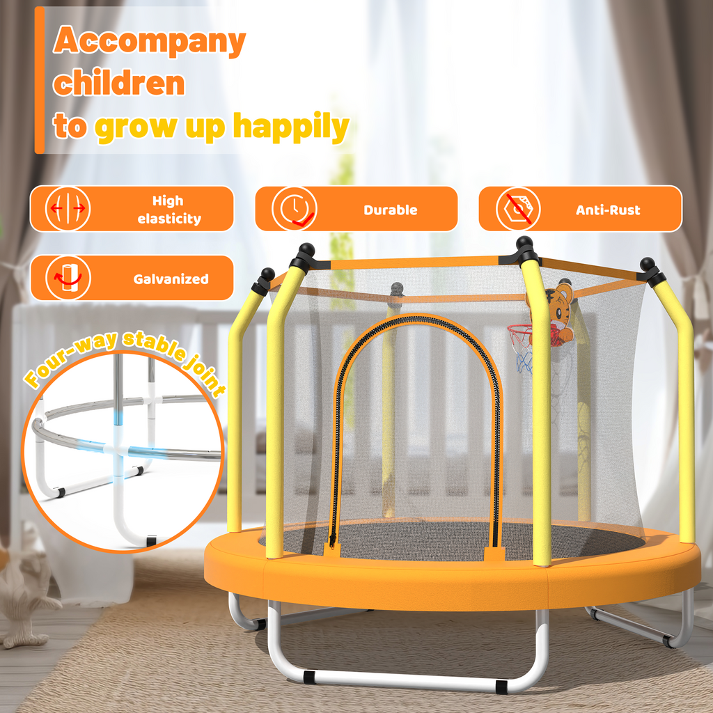 55-Inch Kids Trampoline with Safety Net & Basketball Hoop