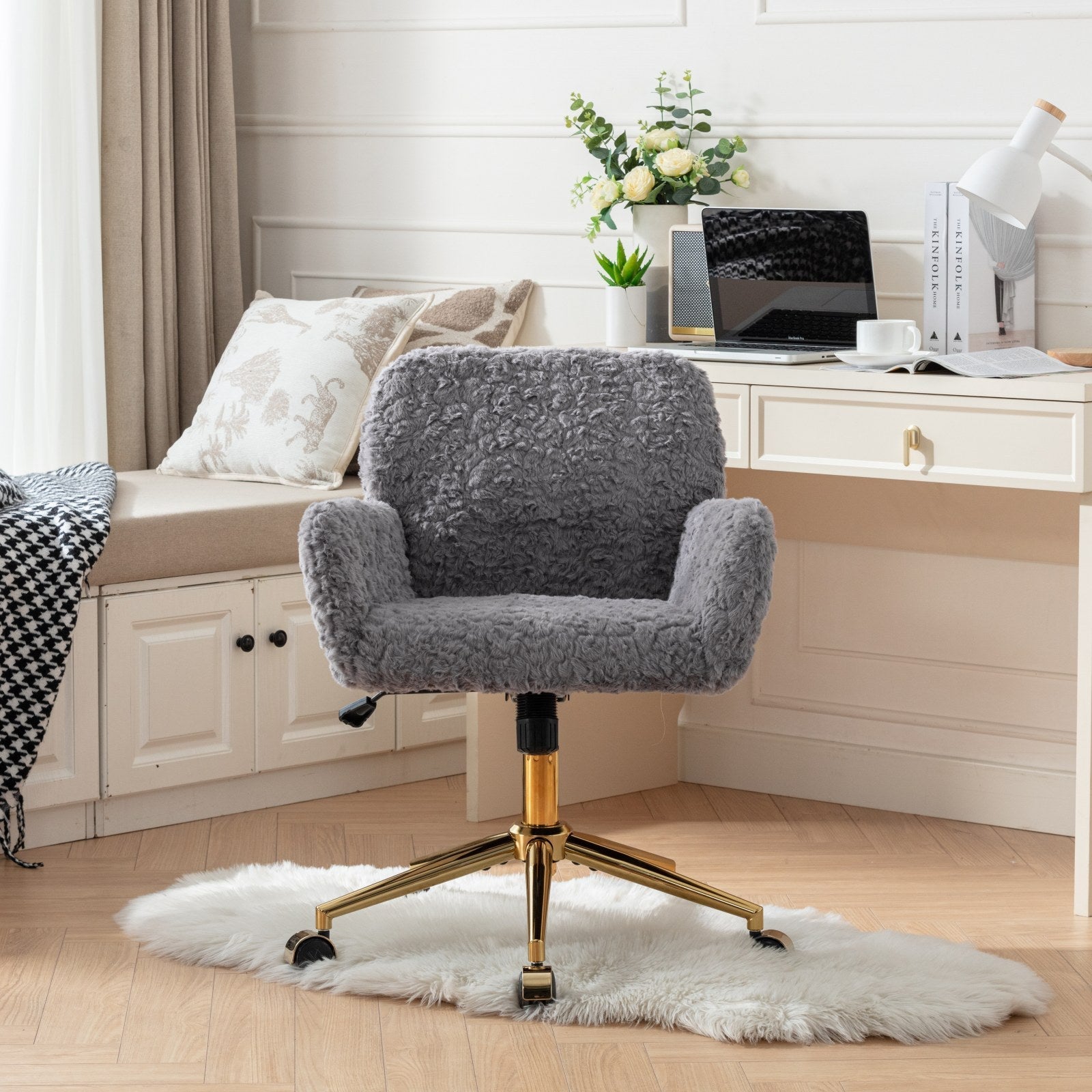 Faux Fur Office Chair — 40° Reclining with Gold Metal Base & Wheels