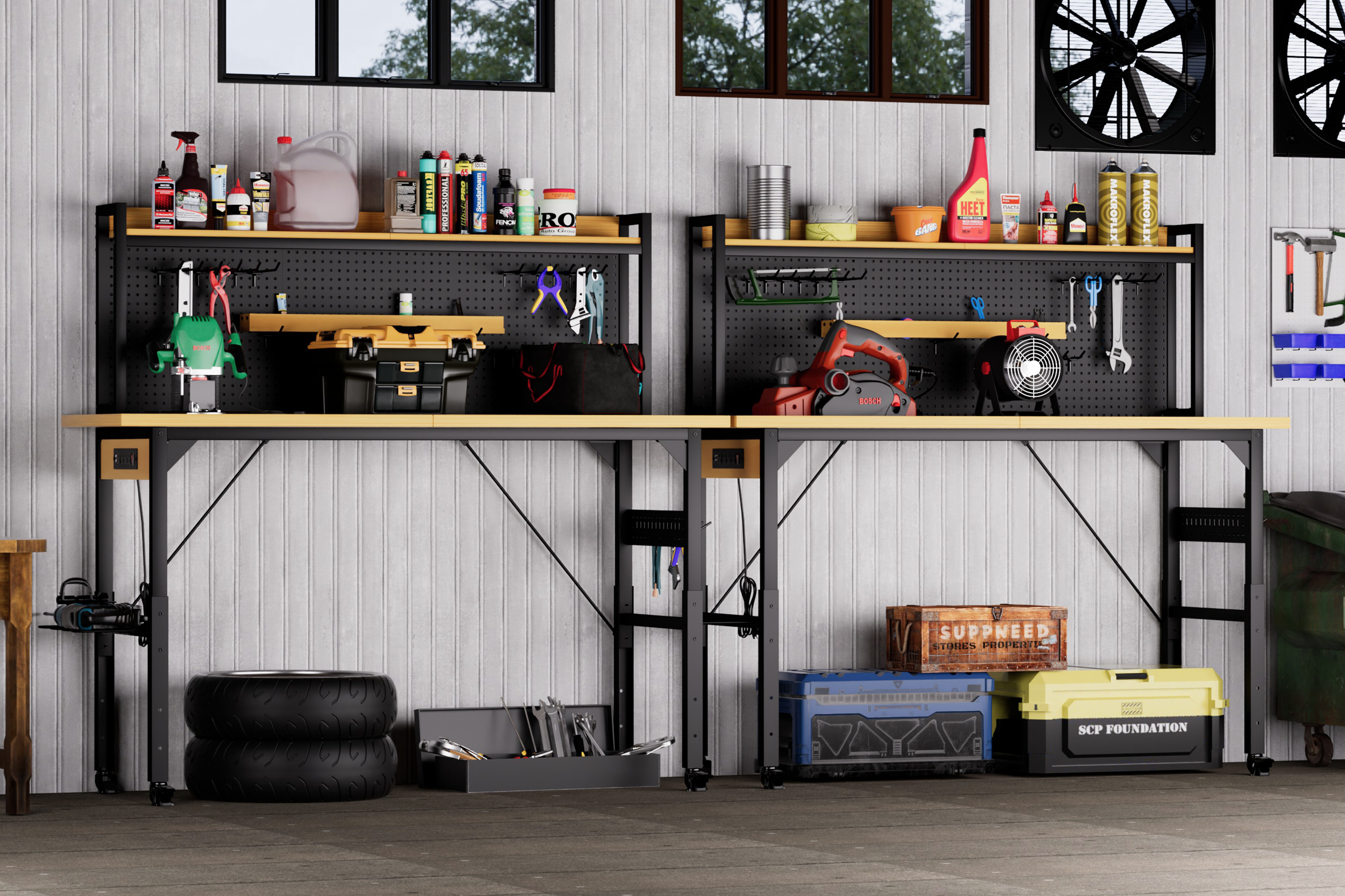 Lower storage shelf on rolling workbench unit
